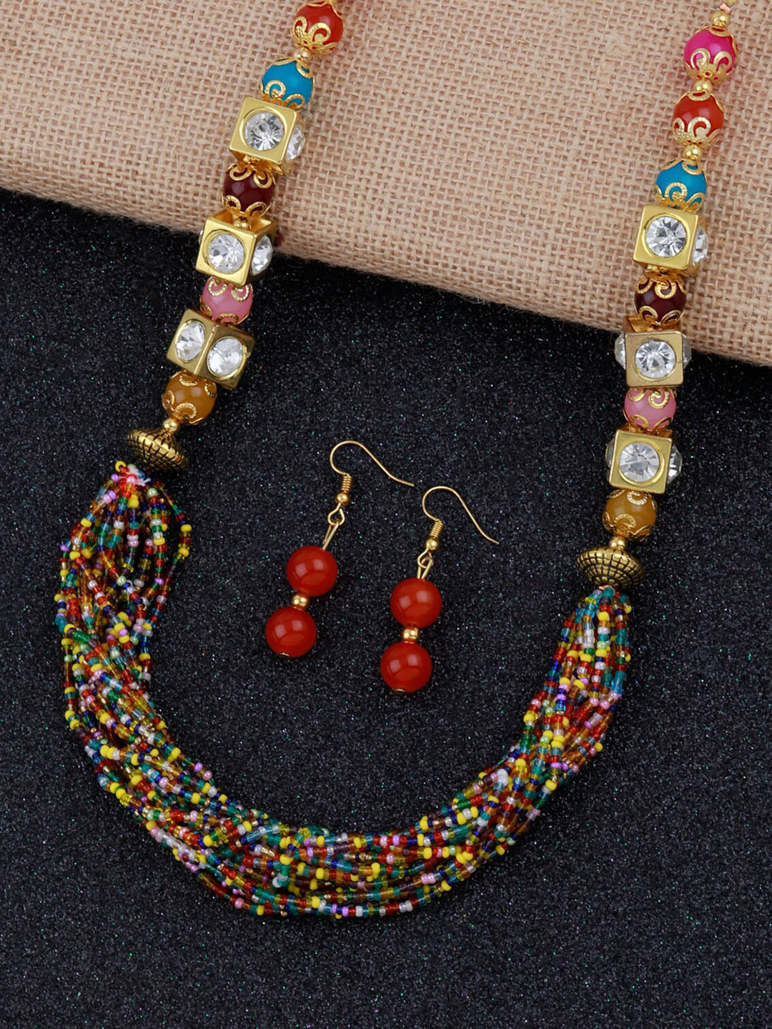 

Silver Shine Gold-Plated Red & White Stone-Studded & Beaded Jewellery Set