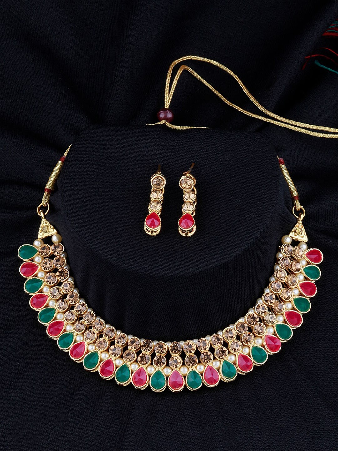

Silver Shine Green & Pink Gold-Plated Stone-Studded Jewellery Set