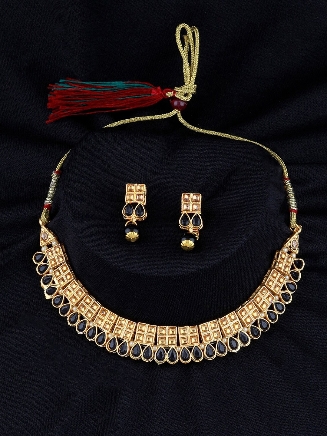 

Silver Shine Gold-Plated Black Stone-Studded & Beaded Jewellery Set