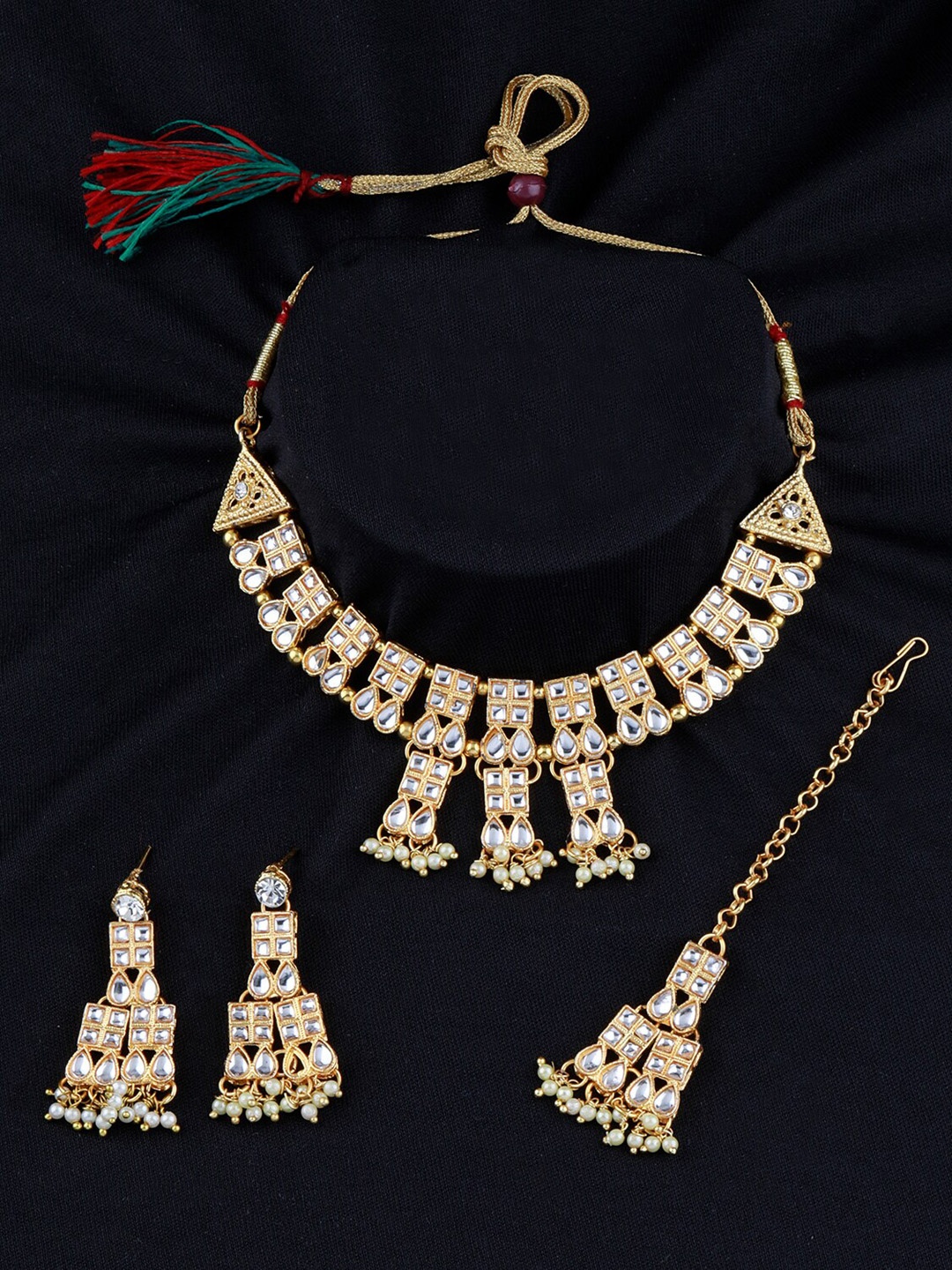 

Silver Shine Gold-Plated White AD-Studded & Beaded Jewellery Set With Maang Tika