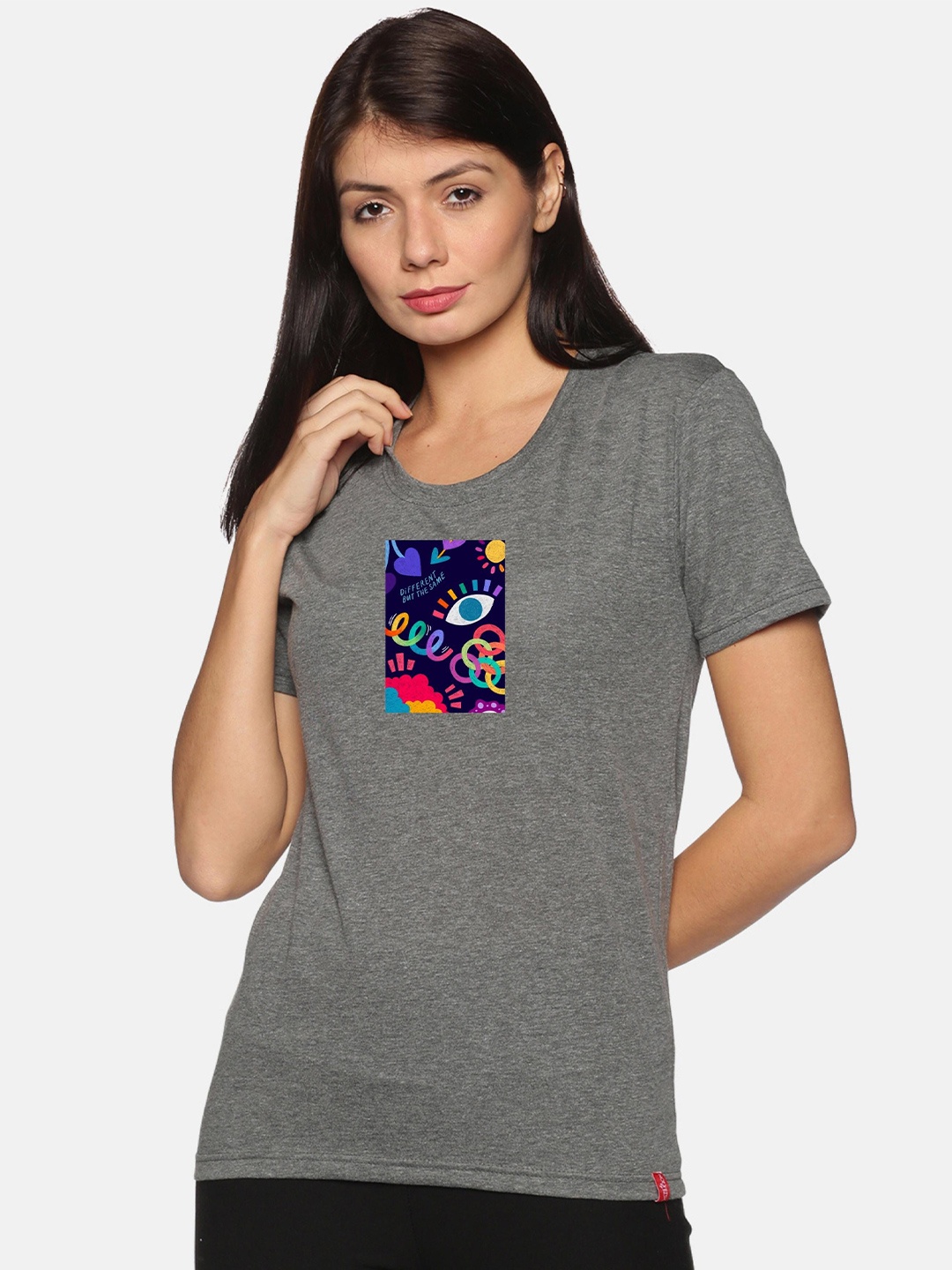 

NOT YET by us Women Grey Melange Typography Printed T-shirt