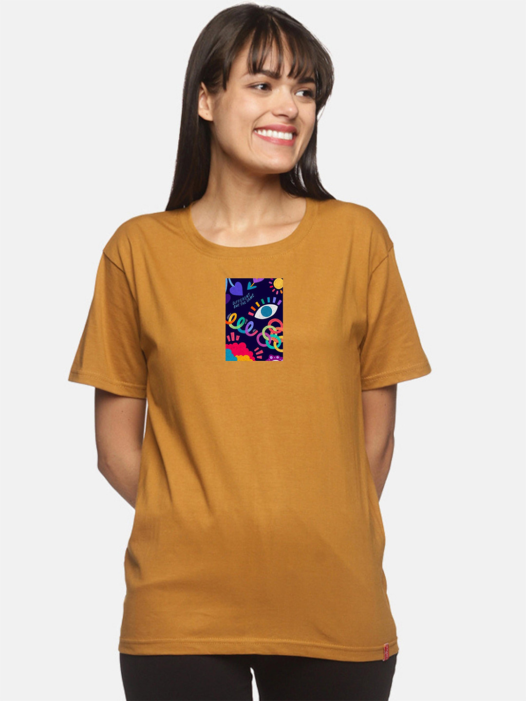 

NOT YET by us Women Mustard Yellow Cotton Printed T-shirt