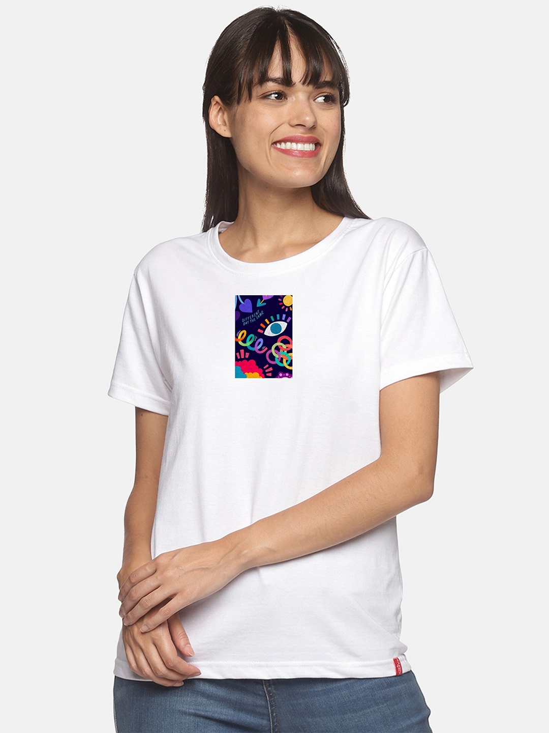 

NOT YET by us Women White Printed Drop-Shoulder Sleeves T-shirt