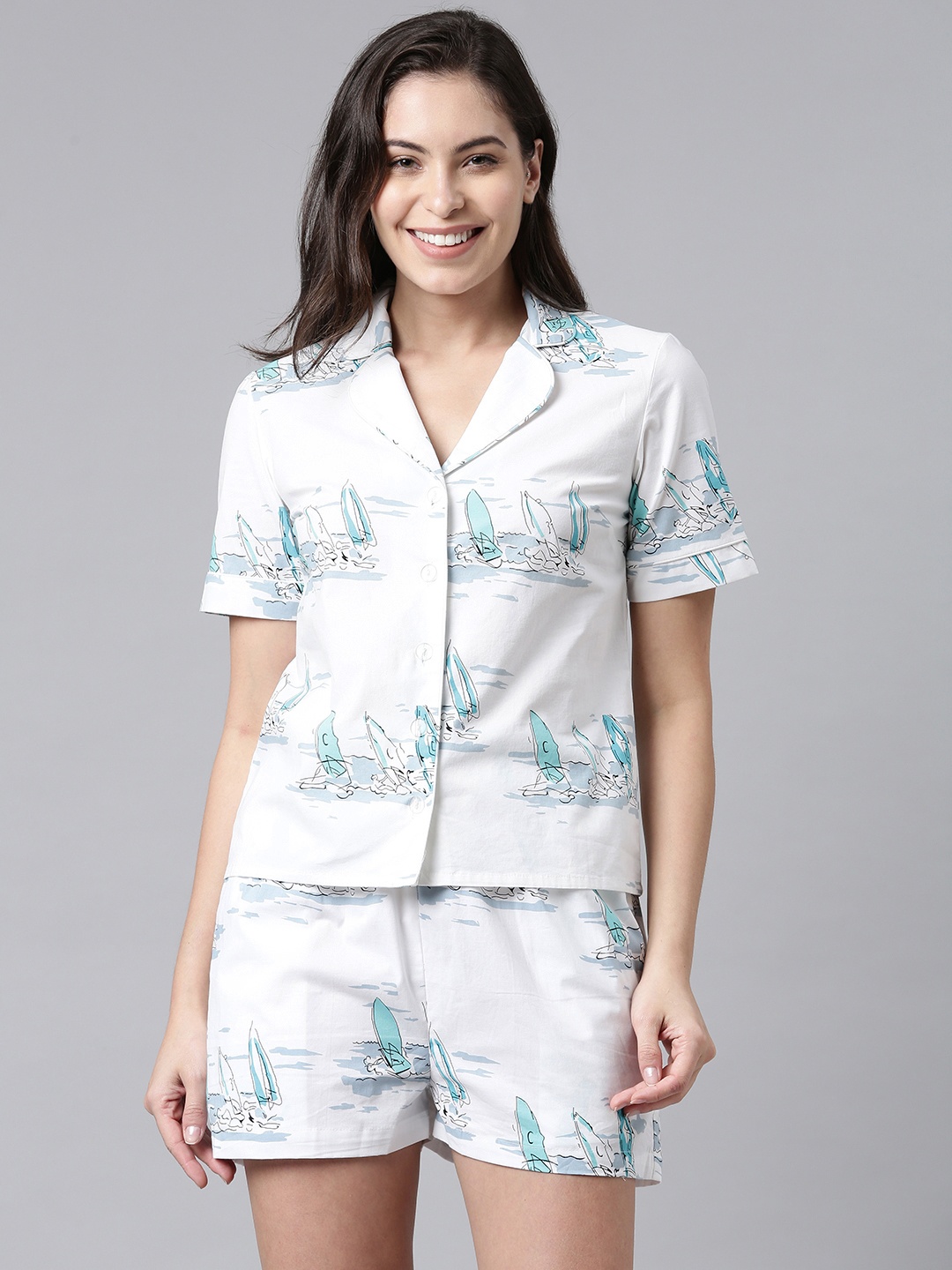 

EVERYDAY by ANI Women White & Turquoise Blue Printed Night suit