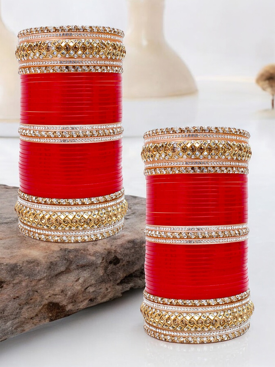 

LUCKY JEWELLERY Red Stone Studded Punjabi Bridal Bangle Set