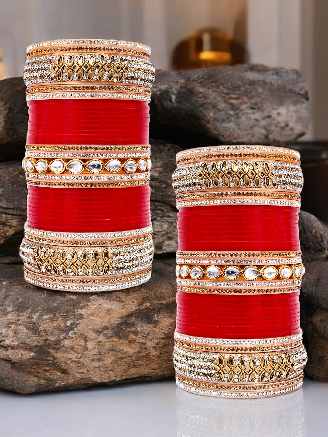

LUCKY JEWELLERY Women Gold-Toned & Red Stone-Studded Chuda Bangle Set