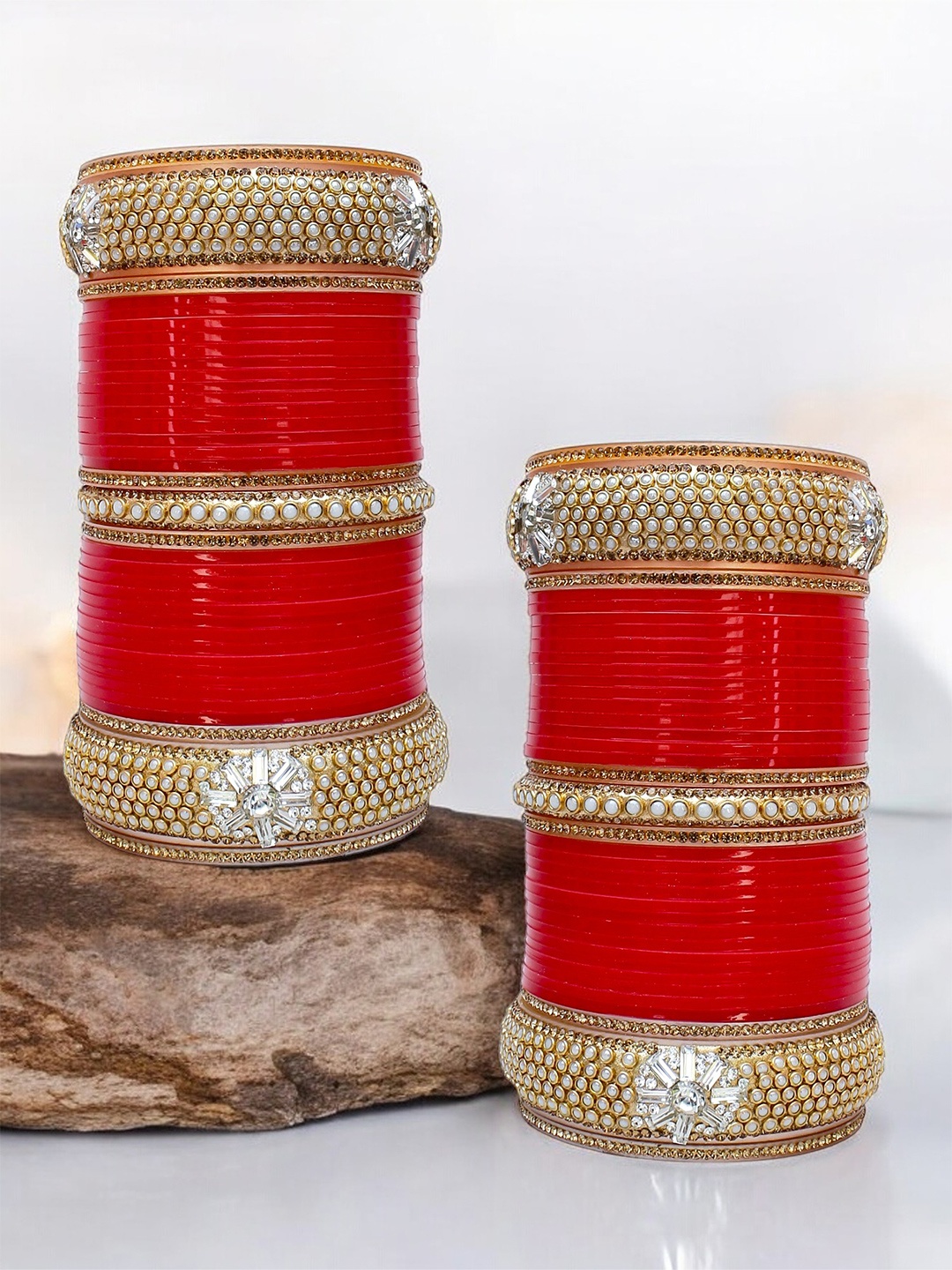 

LUCKY JEWELLERY Gold-Toned & Red Stone-Studded Chura- Bangle Set