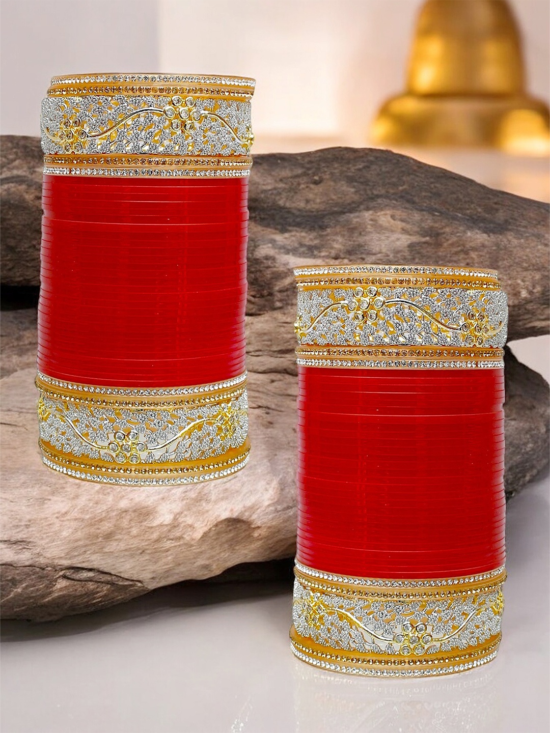 

LUCKY JEWELLERY Red Stone Studded Pujabi Bridal Bangle Set