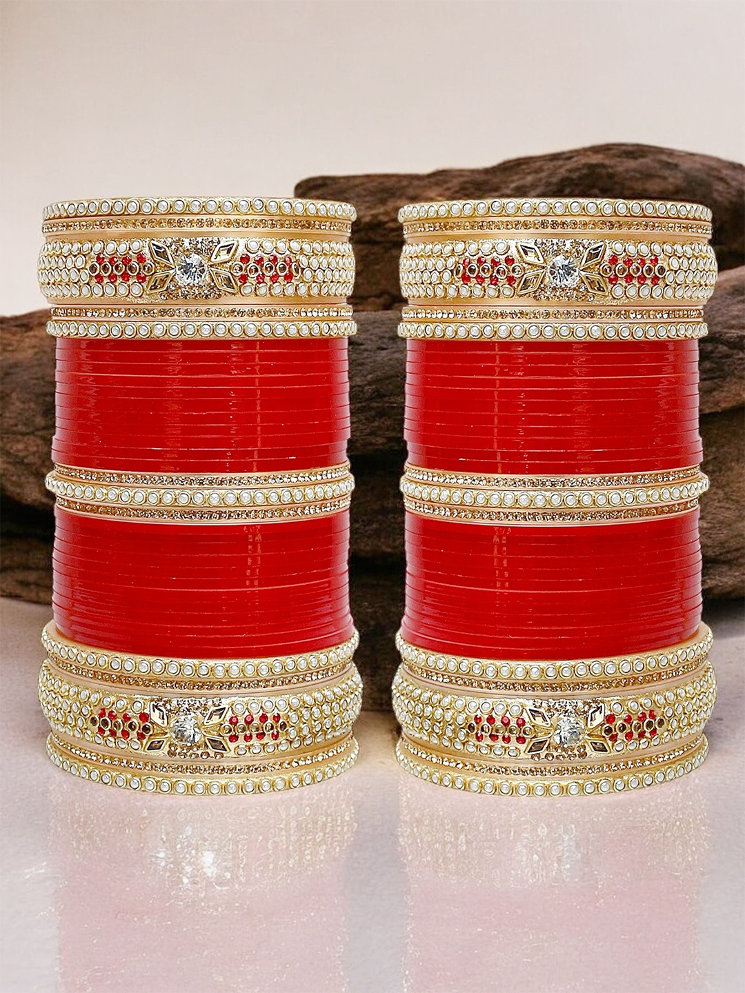 

LUCKY JEWELLERY Red Stone-Studded Punjabi Chura Bridal Wedding Bangle Set