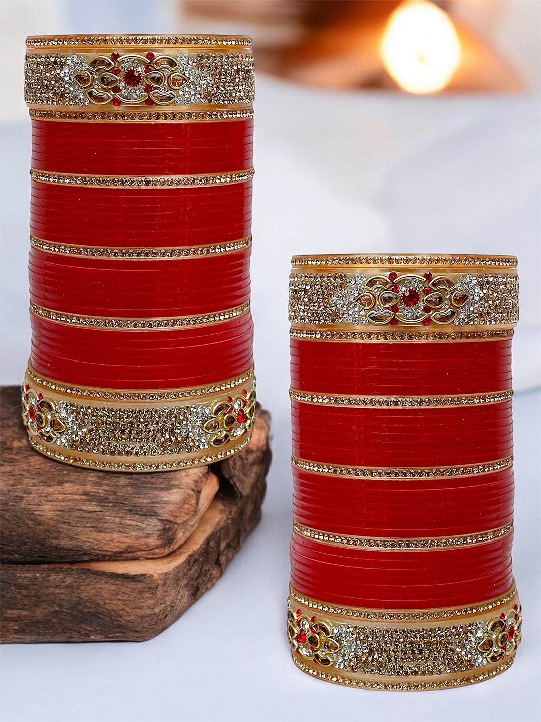 

LUCKY JEWELLERY Gold-Toned & Red Stone Studded Handcrafted Chura Bangle Set