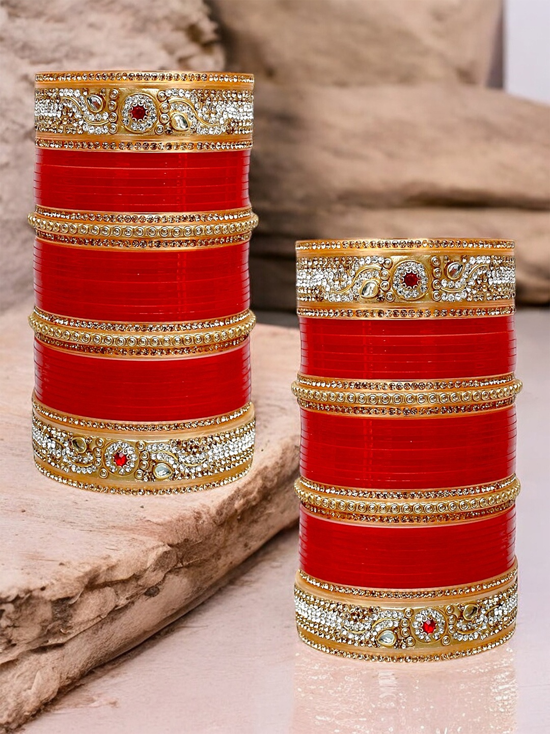 

LUCKY JEWELLERY Red Stone-Studded Punjabi Chura Bangle Set