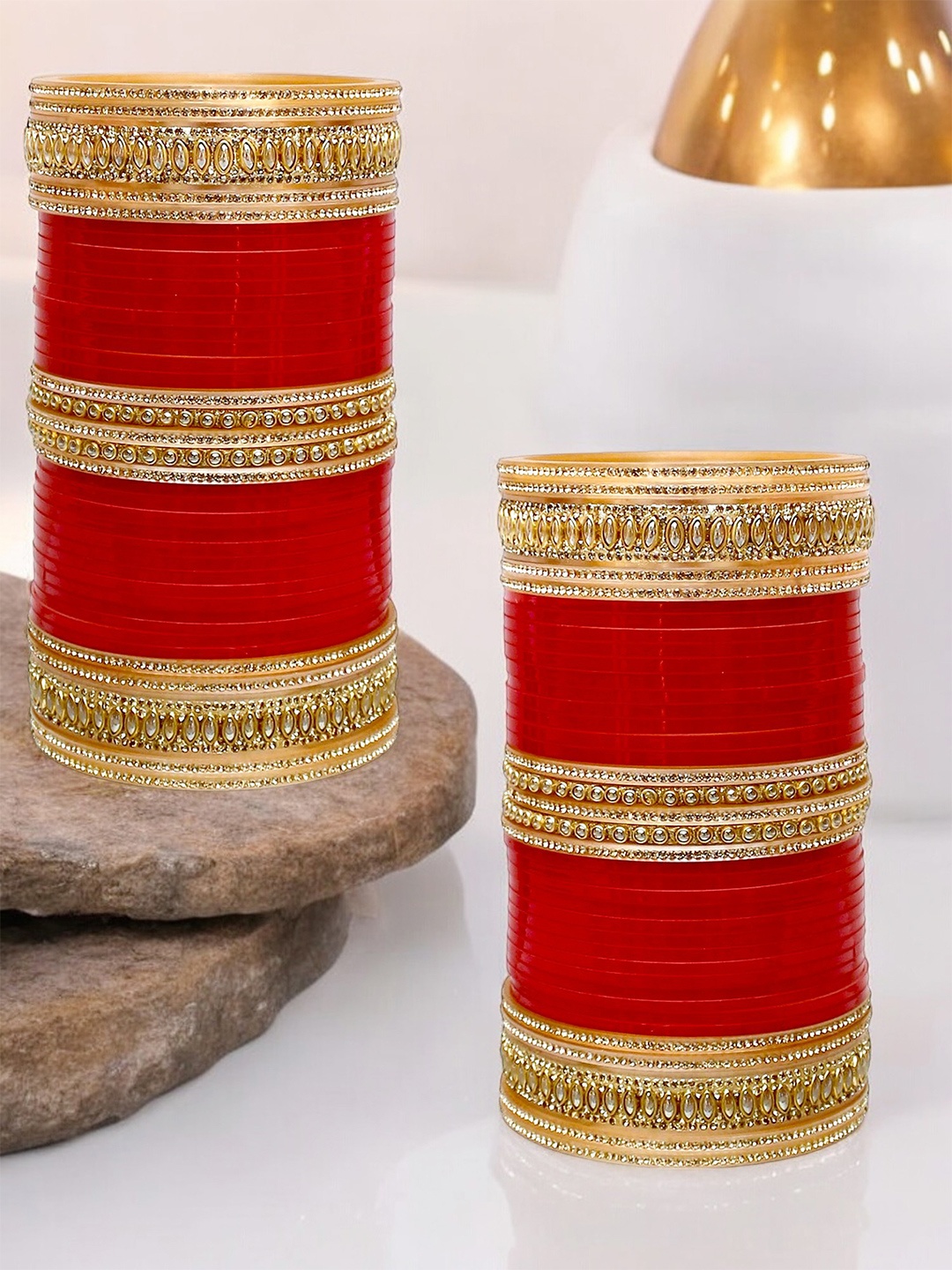 

LUCKY JEWELLERY Red Stone-Studded Punjabi Chura Bridal Wedding Bangle Set