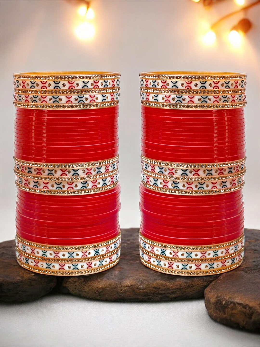 

LUCKY JEWELLERY Gold-Toned & Red Stone-Studded Chuda Bangle Set