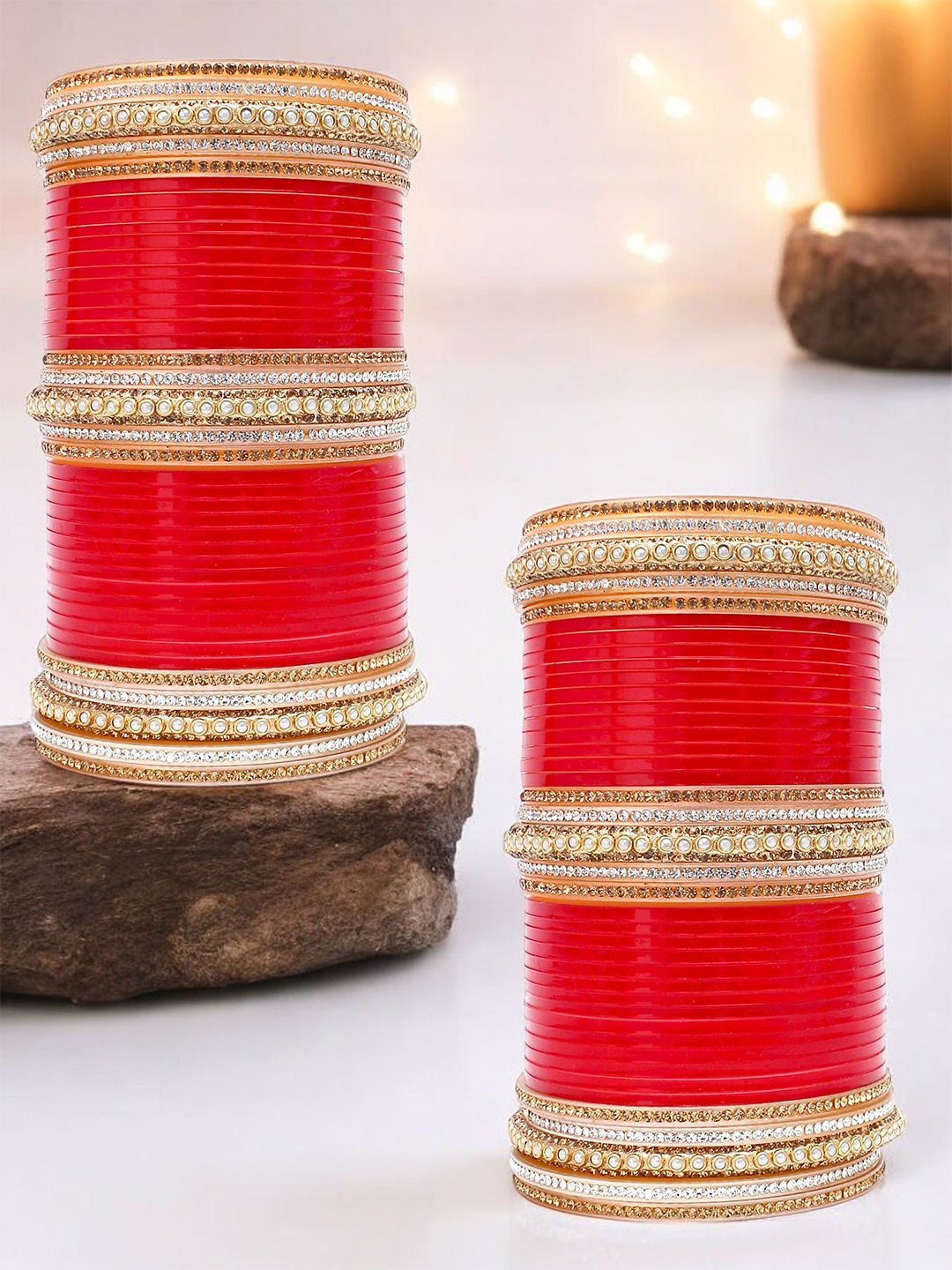 

LUCKY JEWELLERY Stone-Studded Punjabi Chura Pack Of 2 Bridal Wedding Bangle Set, Red