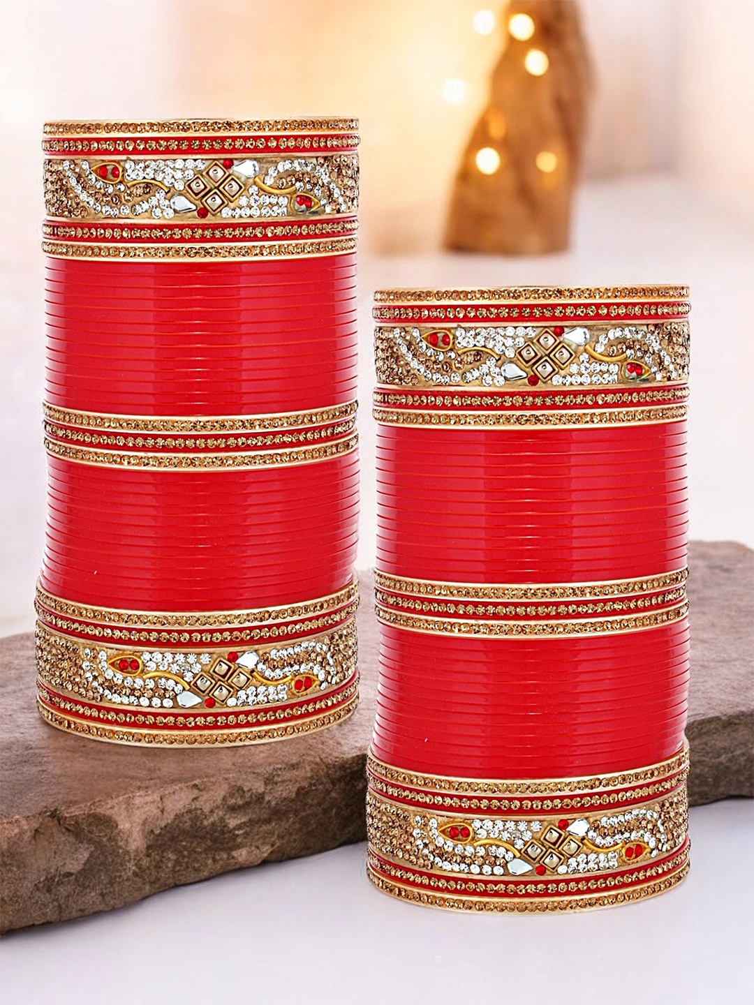 

LUCKY JEWELLERY Red Stone-Studded Punjabi Chura Bridal Wedding Bangle Set