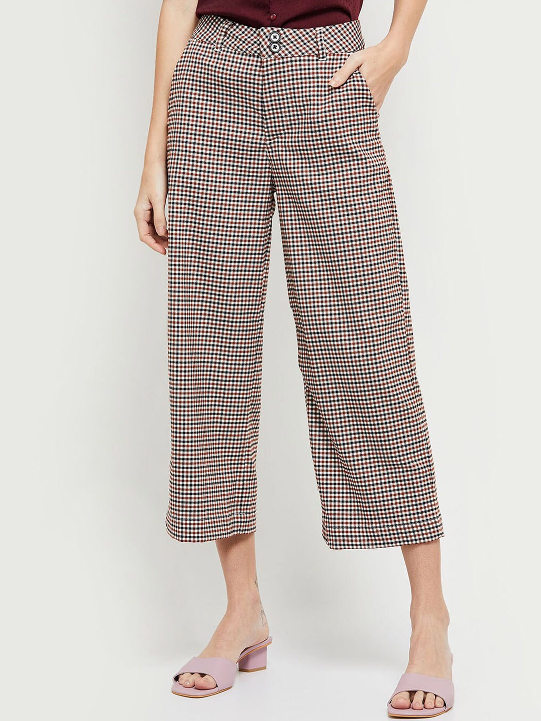 

max Women Beige Checked Casual Culottes Trousers