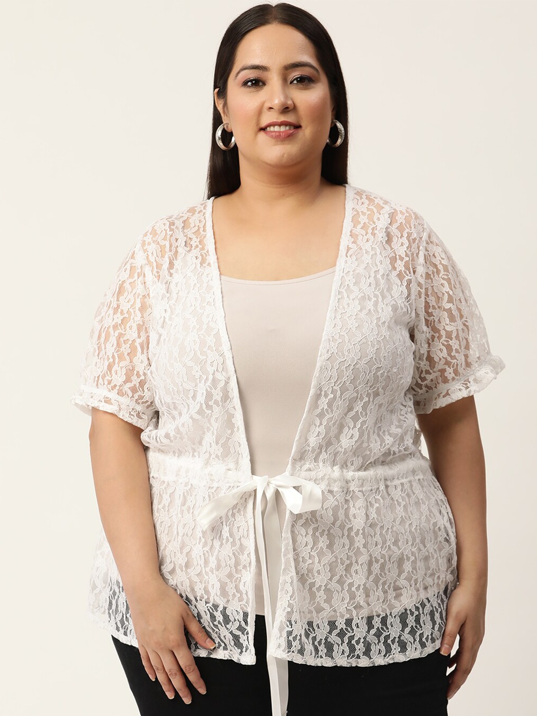 

theRebelinme Plus Size Women Off White Self Design Waist Tie-Up Shrug