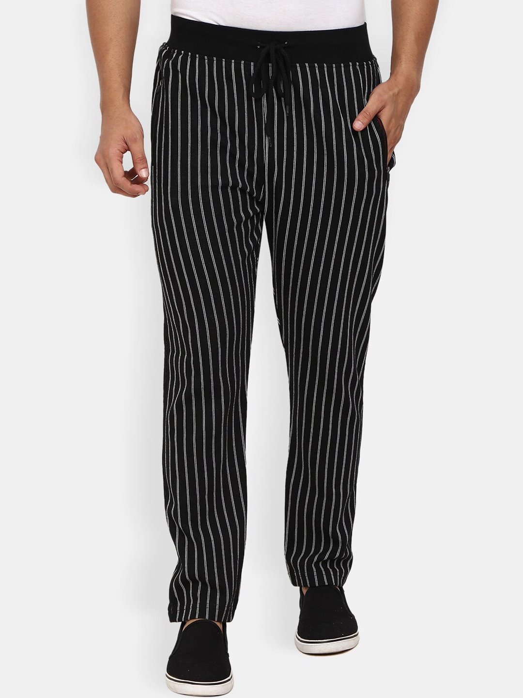 

V-Mart Men Black & White Striped Regular Track Pants