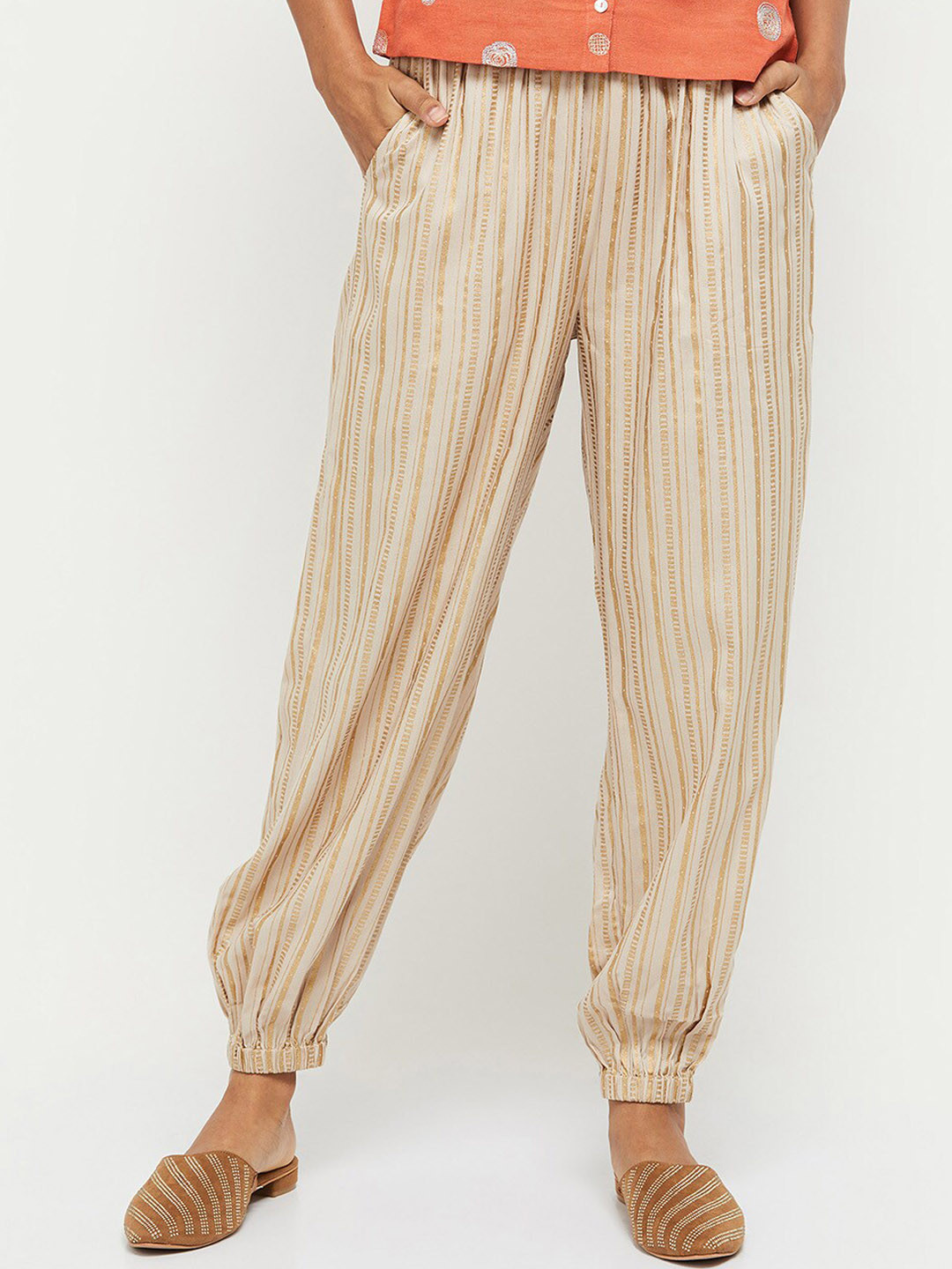 

max Women Orange & Beige Striped Loose-Fit Harem Pants