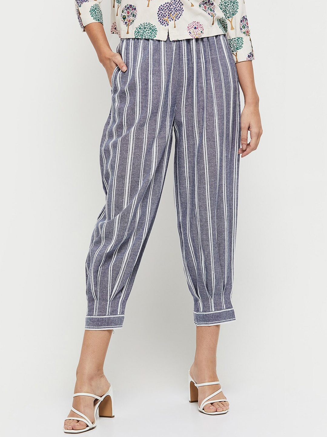 

max Women Grey & White Striped Cropped Palazzos