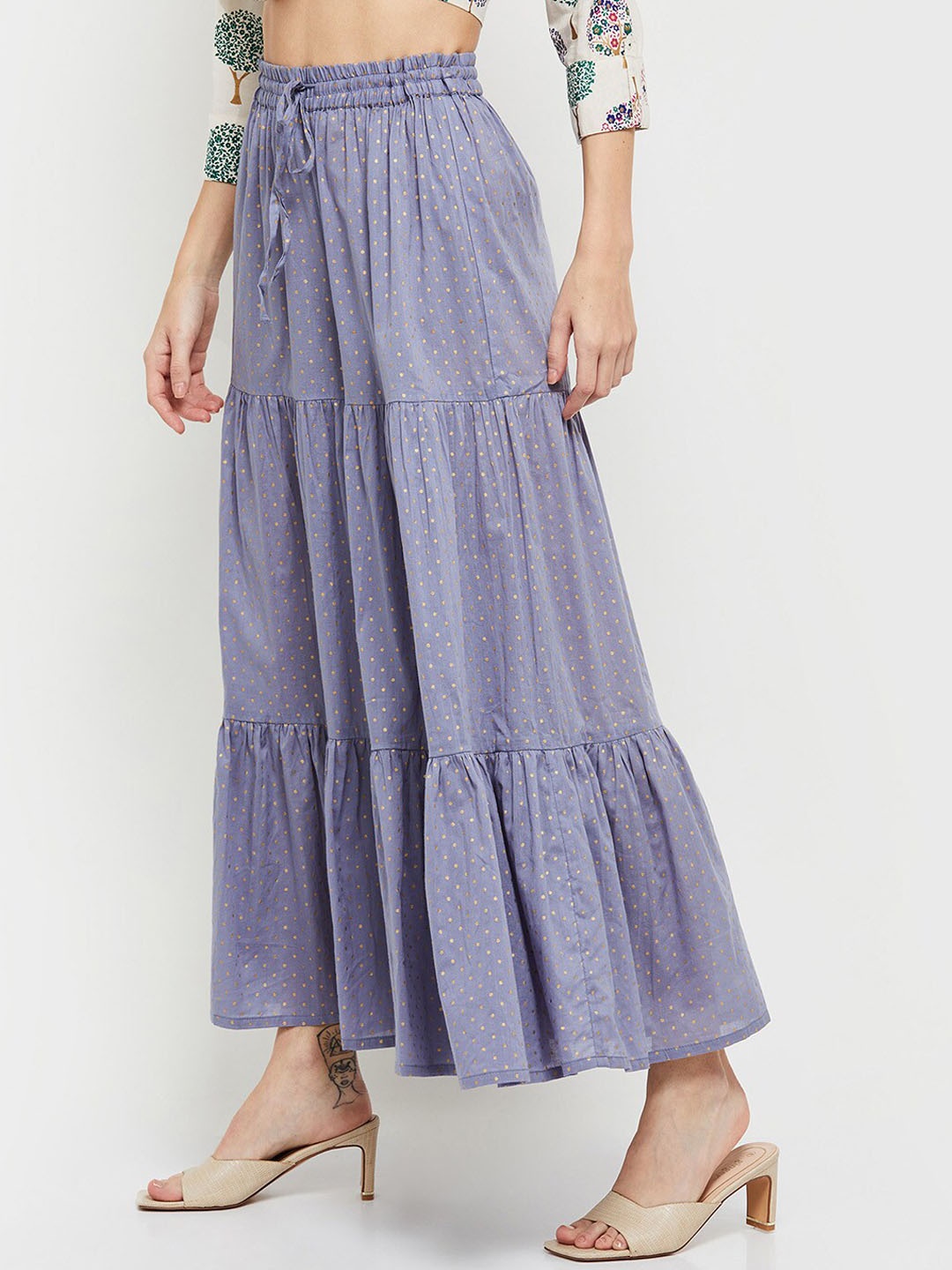 

max Women Blue & Gold-Toned Polka Dots Printed Flared Cotton Tiered Palazzos
