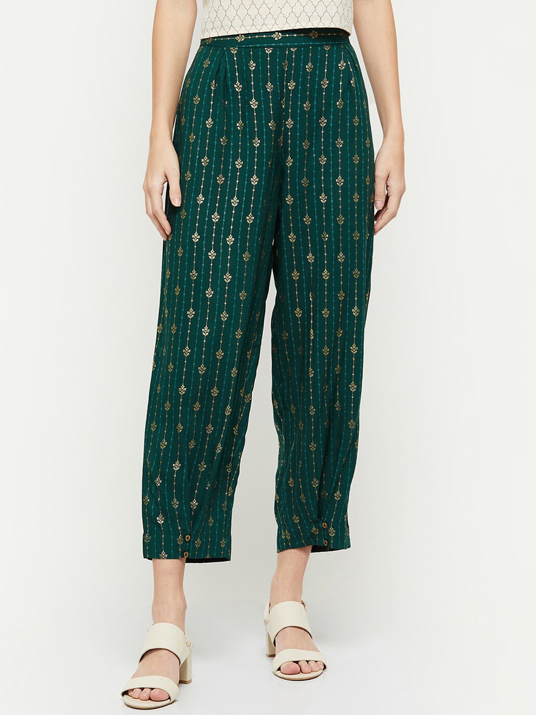 

max Women Green & Gold-Toned Ethnic Motifs Printed Cropped Palazzos