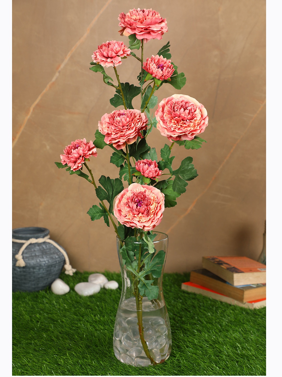

PolliNation Set Of 2 Orange Colored Peony Artificial Flowers and Plants Without Pot