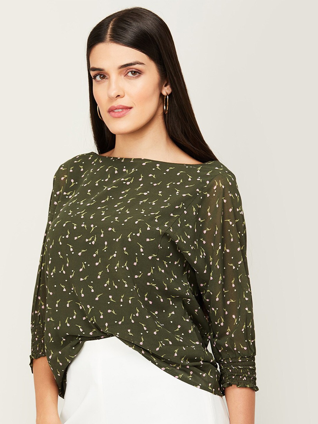 

CODE by Lifestyle Women Olive Green Printed Regular Sleeves Top