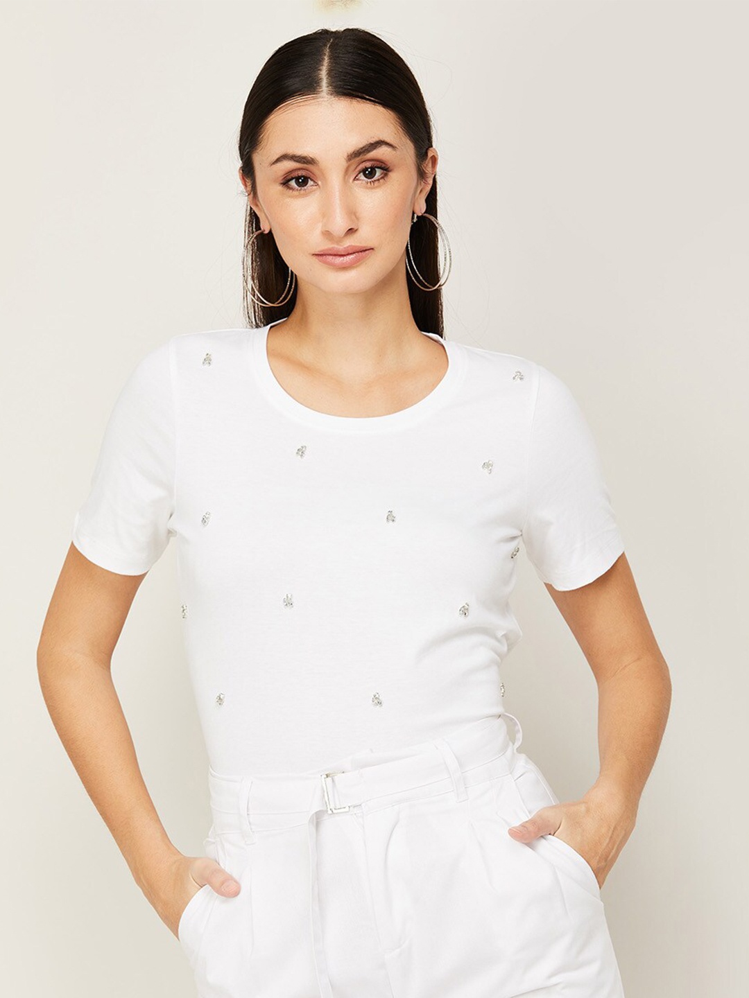 

CODE by Lifestyle Women White Embellished Cotton Top