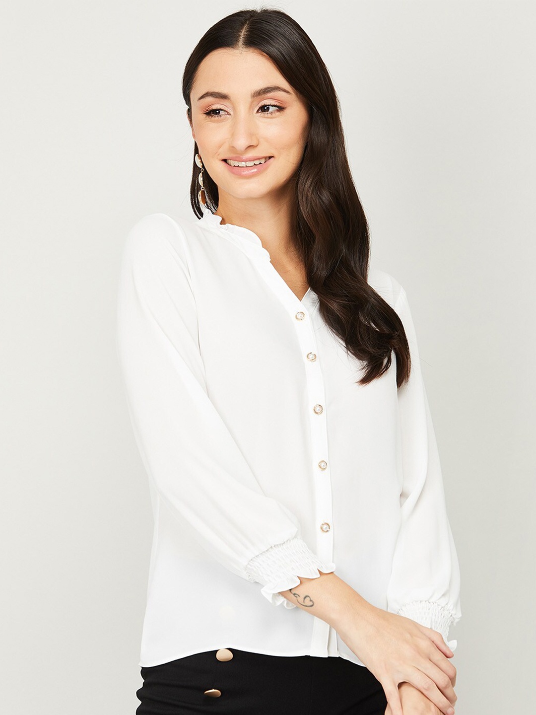 

CODE by Lifestyle White Mandarin Collar Shirt Style Top