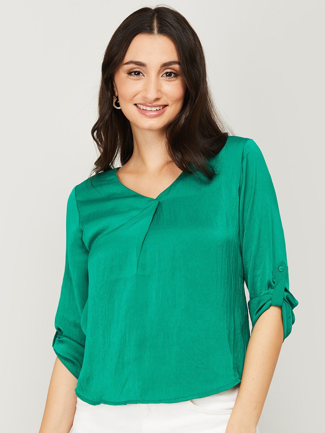 

CODE by Lifestyle Women Green Roll-Up Sleeves Top
