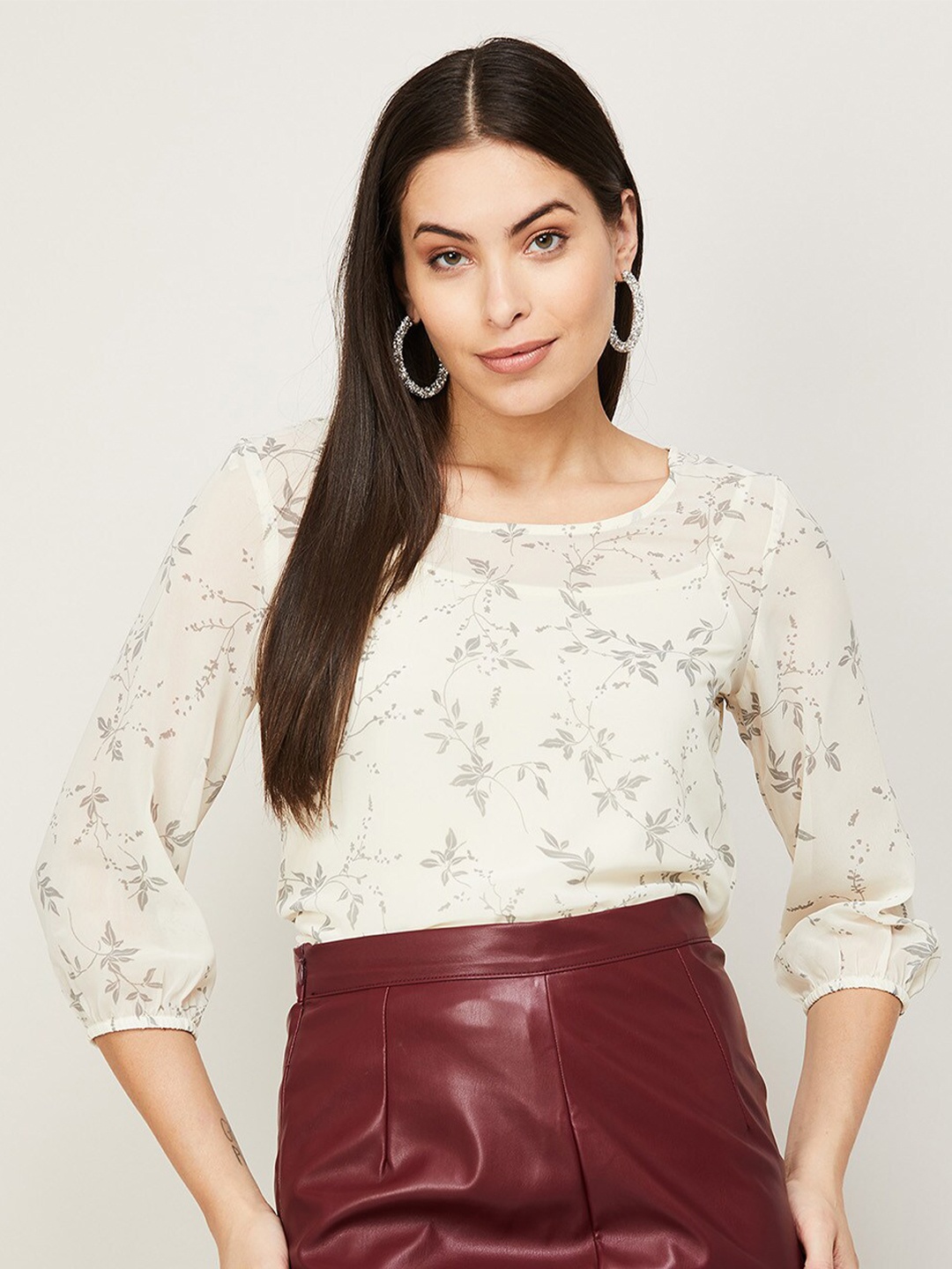 

CODE by Lifestyle Beige & Grey Floral Print Polyester Top