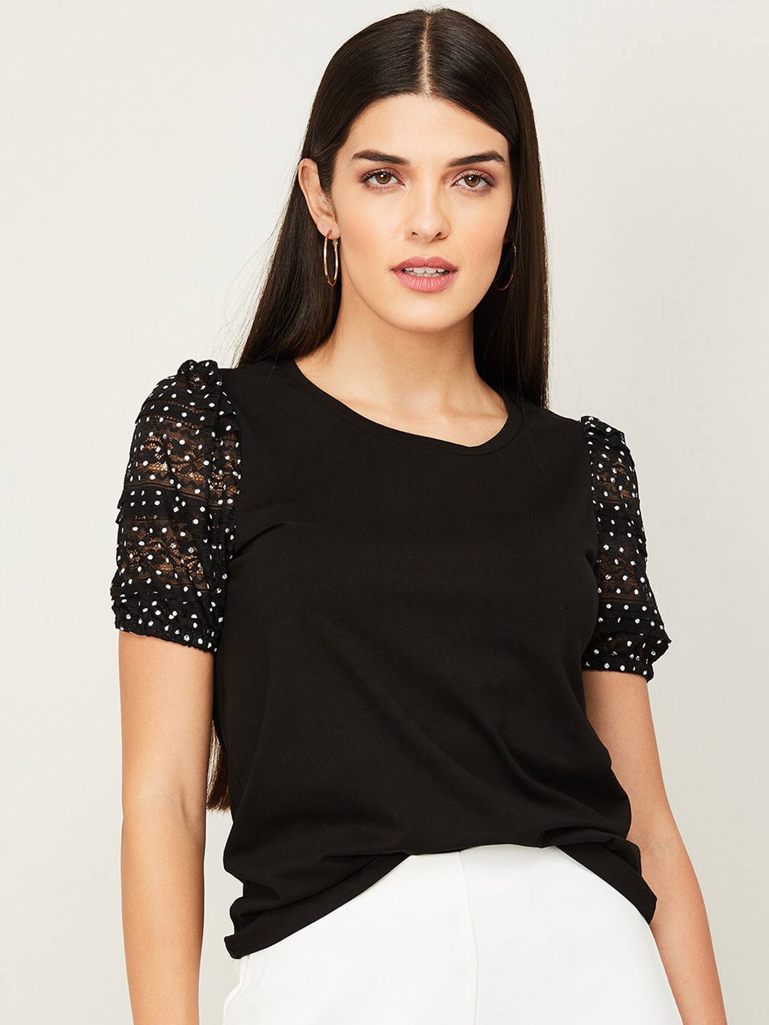 

CODE by Lifestyle Women Black Puff Sleeve Cotton Top