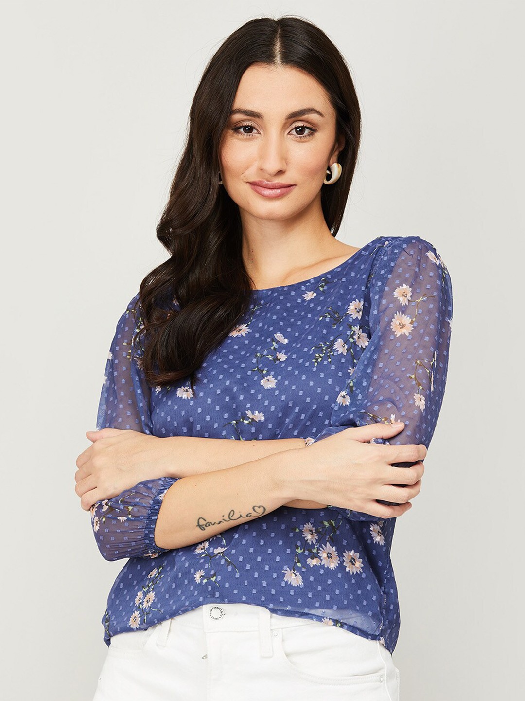 

CODE by Lifestyle Blue & Off White Floral Print Polyester Top