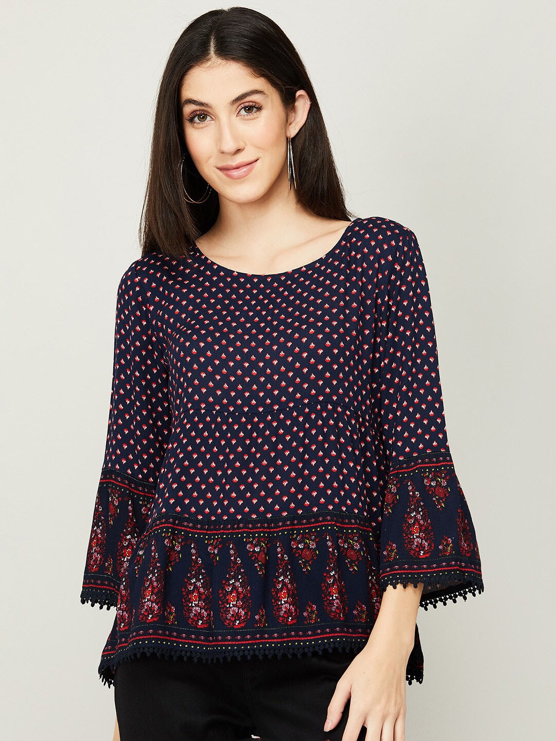 

Fame Forever by Lifestyle Navy Blue Floral Print Peplum Top