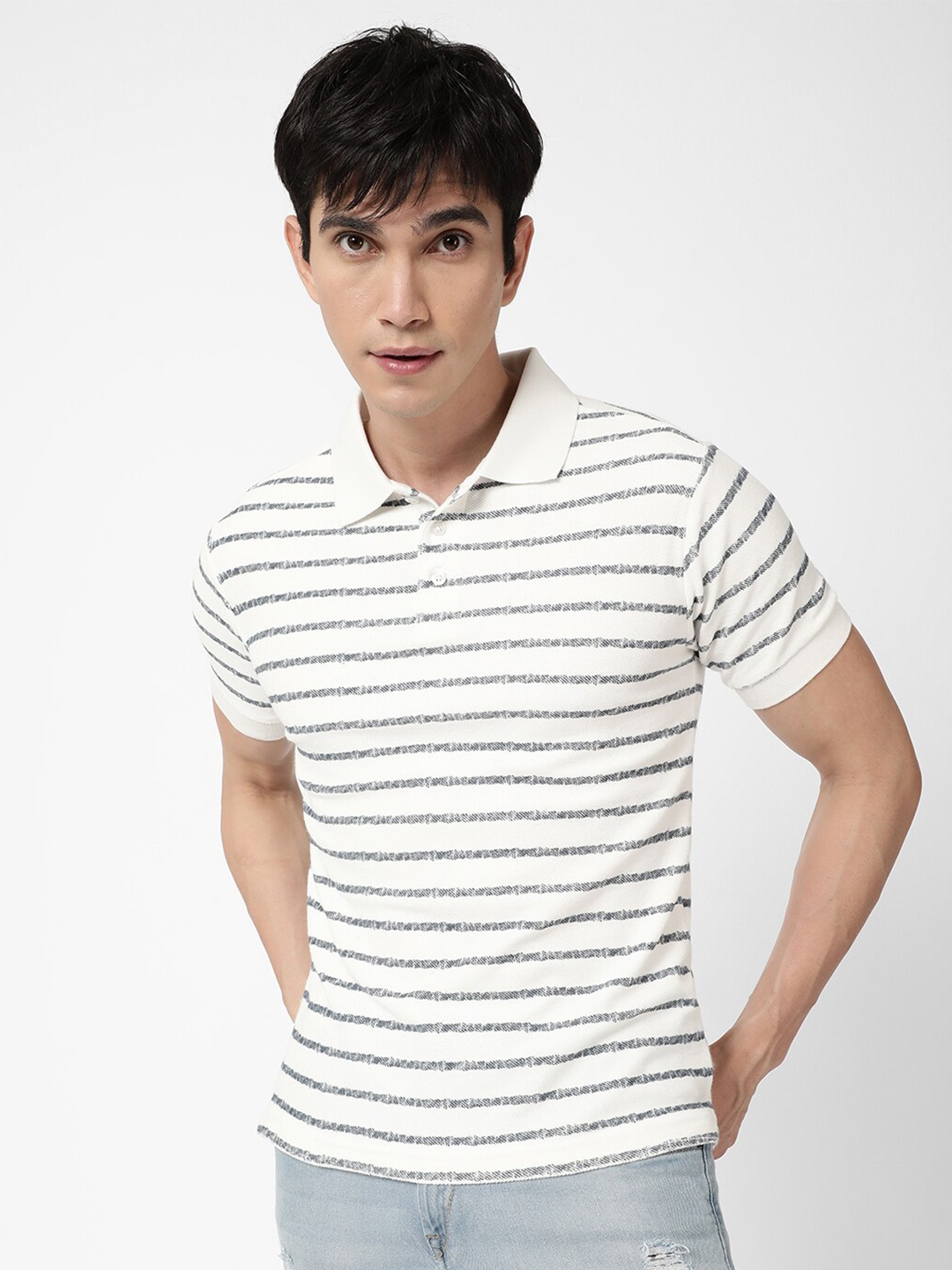 

VASTRADO Men White Striped Polo Collar T-shirt