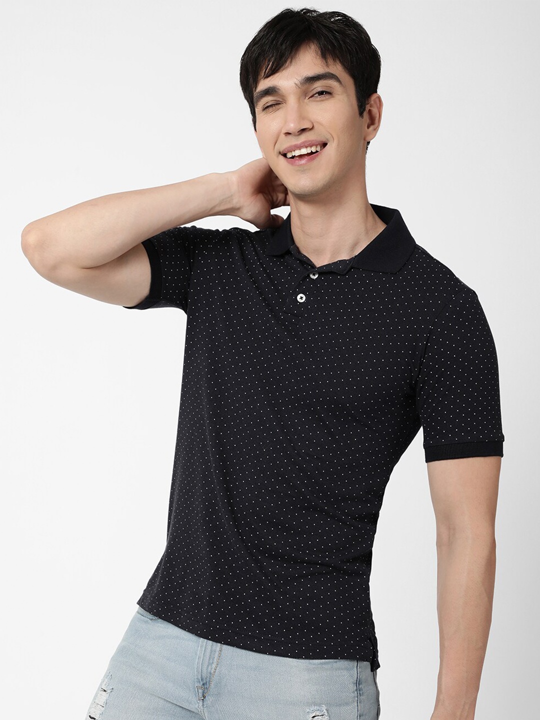 

VASTRADO Men Black Printed Polo Collar Cotton T-shirt