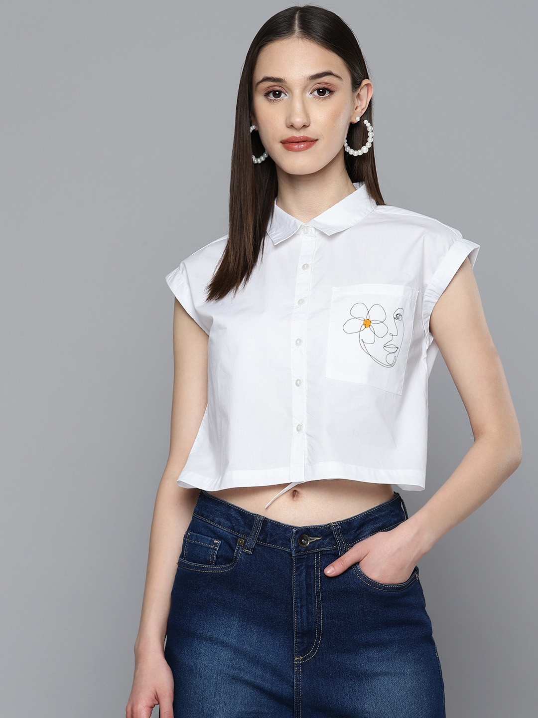 

Flying Machine Women Cotton Pocket Print Detail Crop Shirt, White