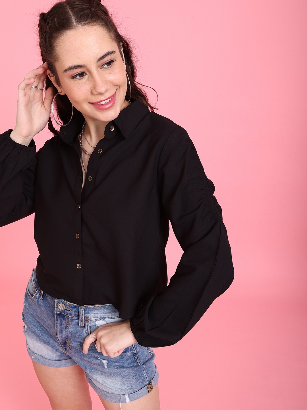 

Flying Machine Women Black Regular Fit Solid Opaque Casual Crop Shirt with Ruched Detail