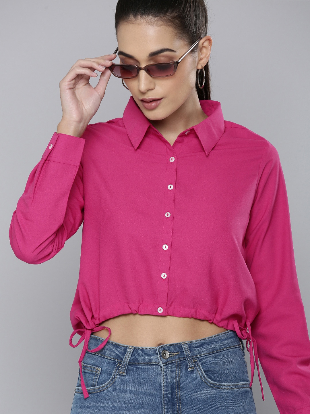 

Flying Machine Women Fuchsia Pink Solid Opaque Crop Casual Shirt With Tie-Ups Detail