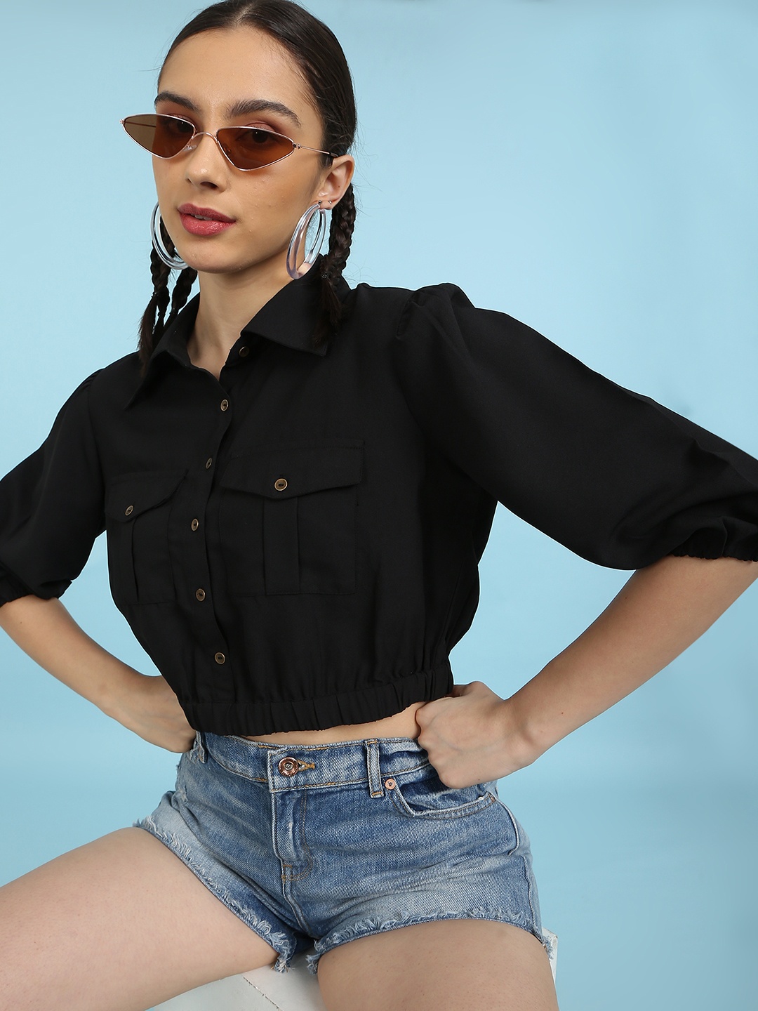 

Flying Machine Women Black Solid Opaque Pleated Casual Crop Shirt with Flap Pockets
