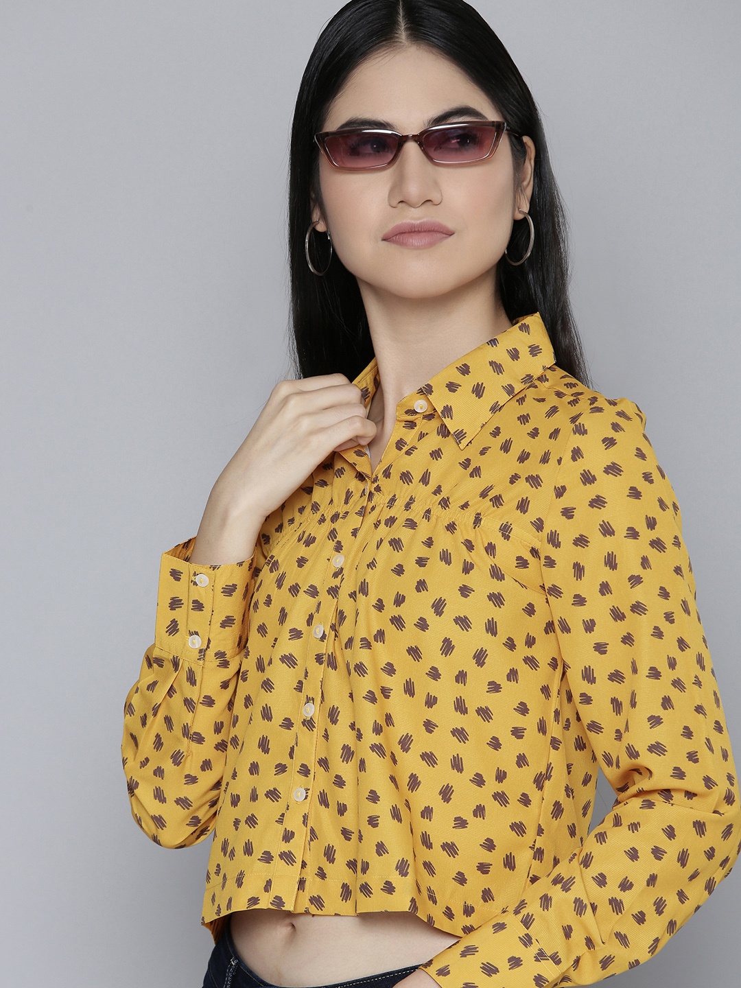 

Flying Machine Women Yellow Printed Casual Cropped Shirt