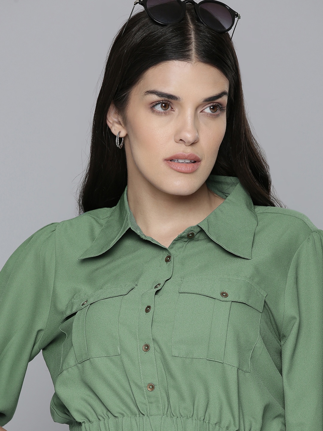 

Flying Machine Women Green Solid Cropped Pure Cotton Casual Shirt