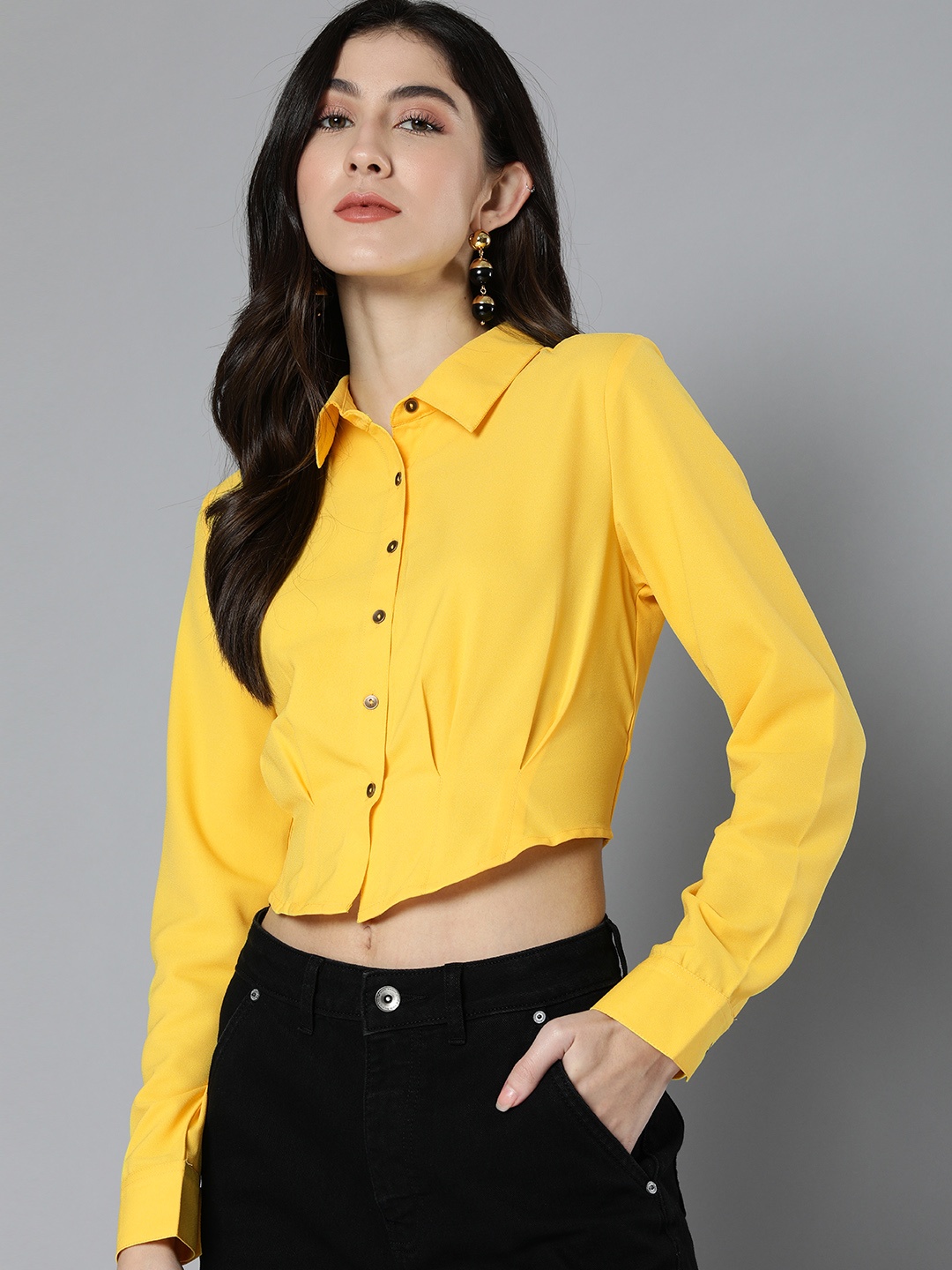 

Flying Machine Women Regular Fit Solid Casual Crop Shirt, Yellow