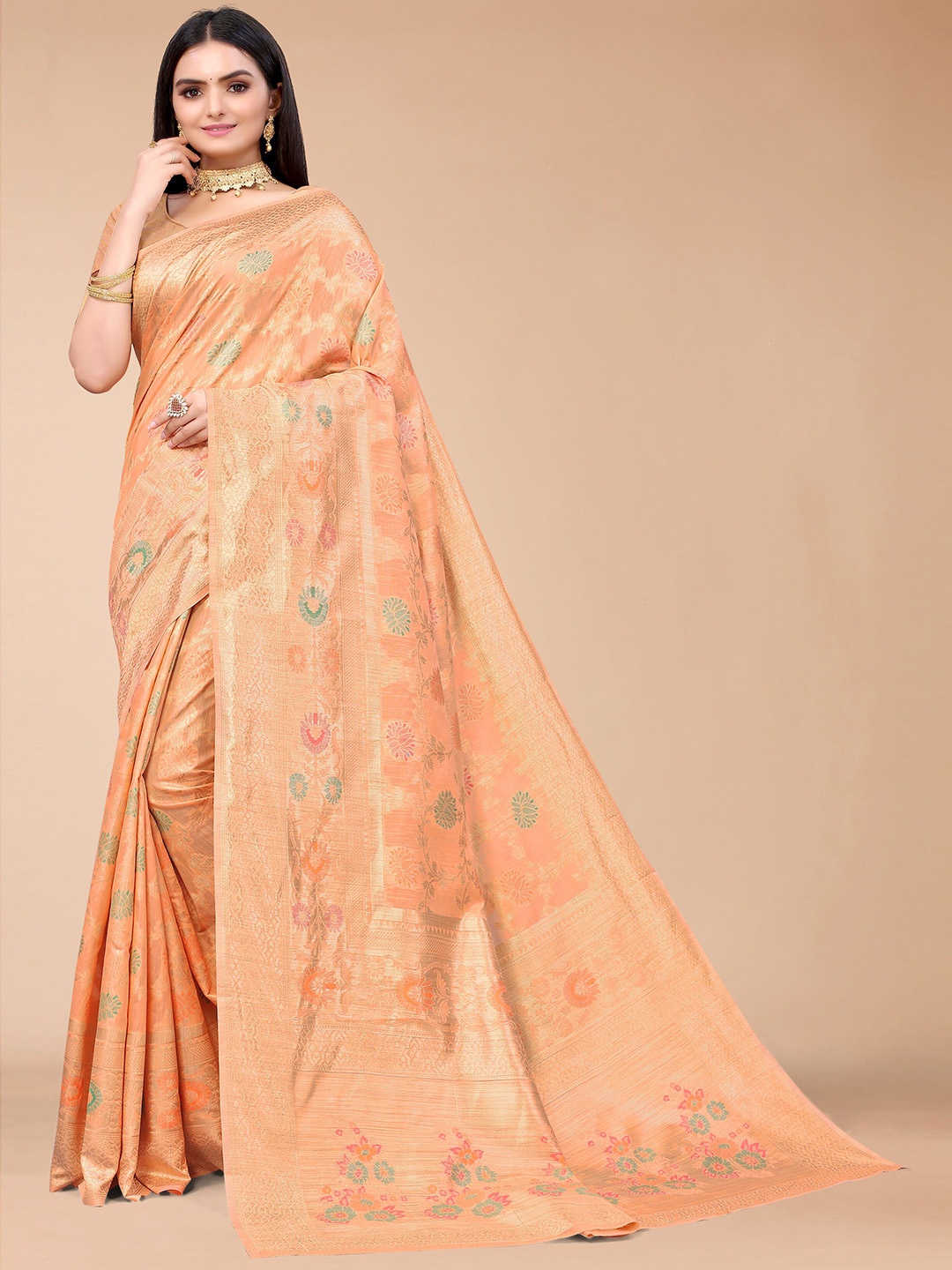 

Mitera Peach-Coloured & Green Woven Design Zari Silk Blend Saree