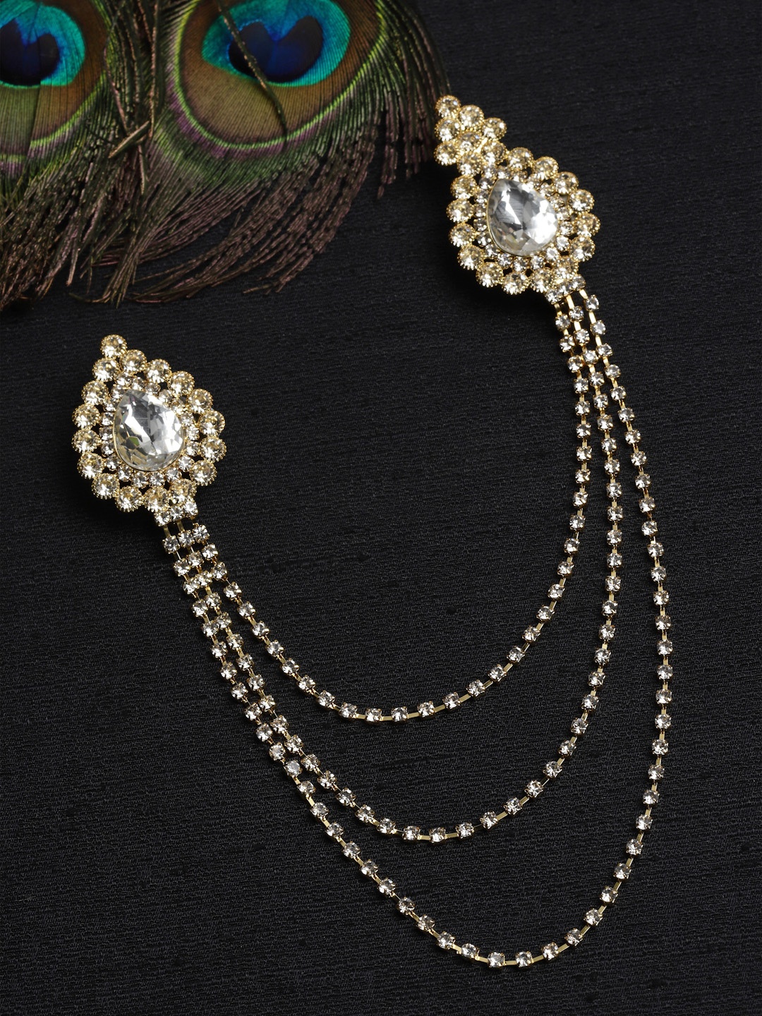 

Sanjog Gold-Toned White Stone-Studded Statement Brooch Chain Lapel Pin