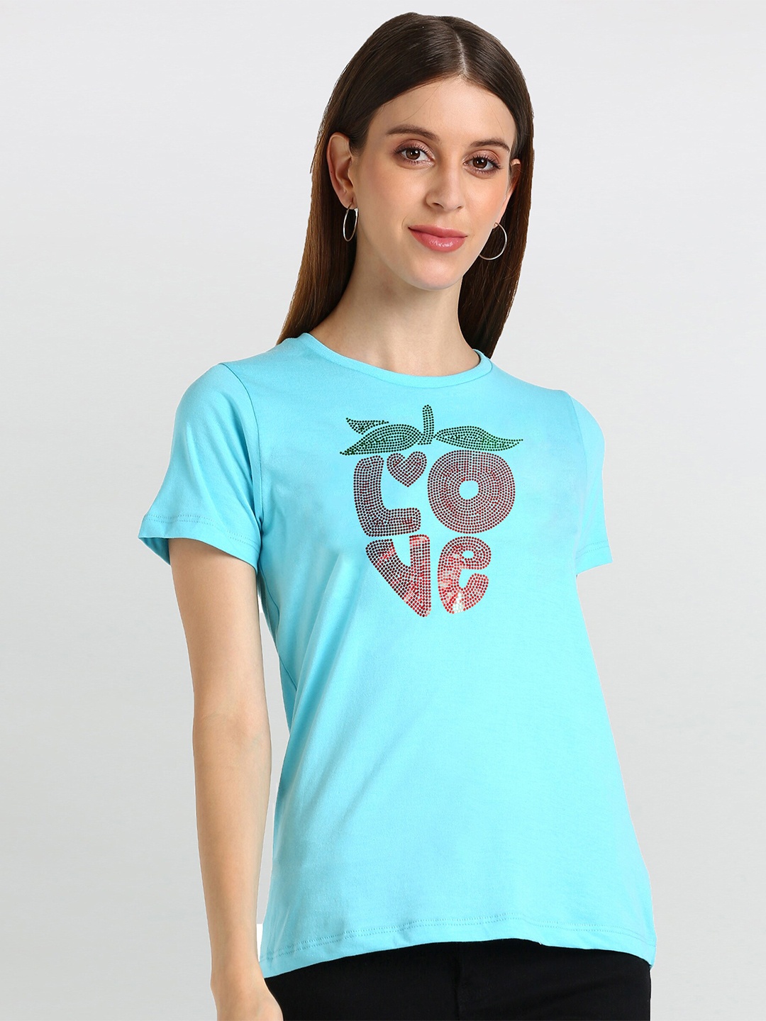 

shashvi Women Turquoise Blue Typography Printed Cotton T-shirt