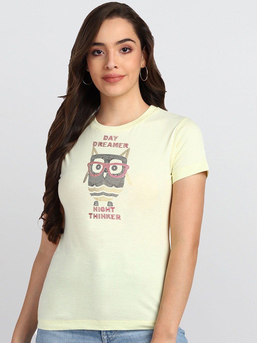 

shashvi Women Yellow Typography Printed Cotton T-shirt