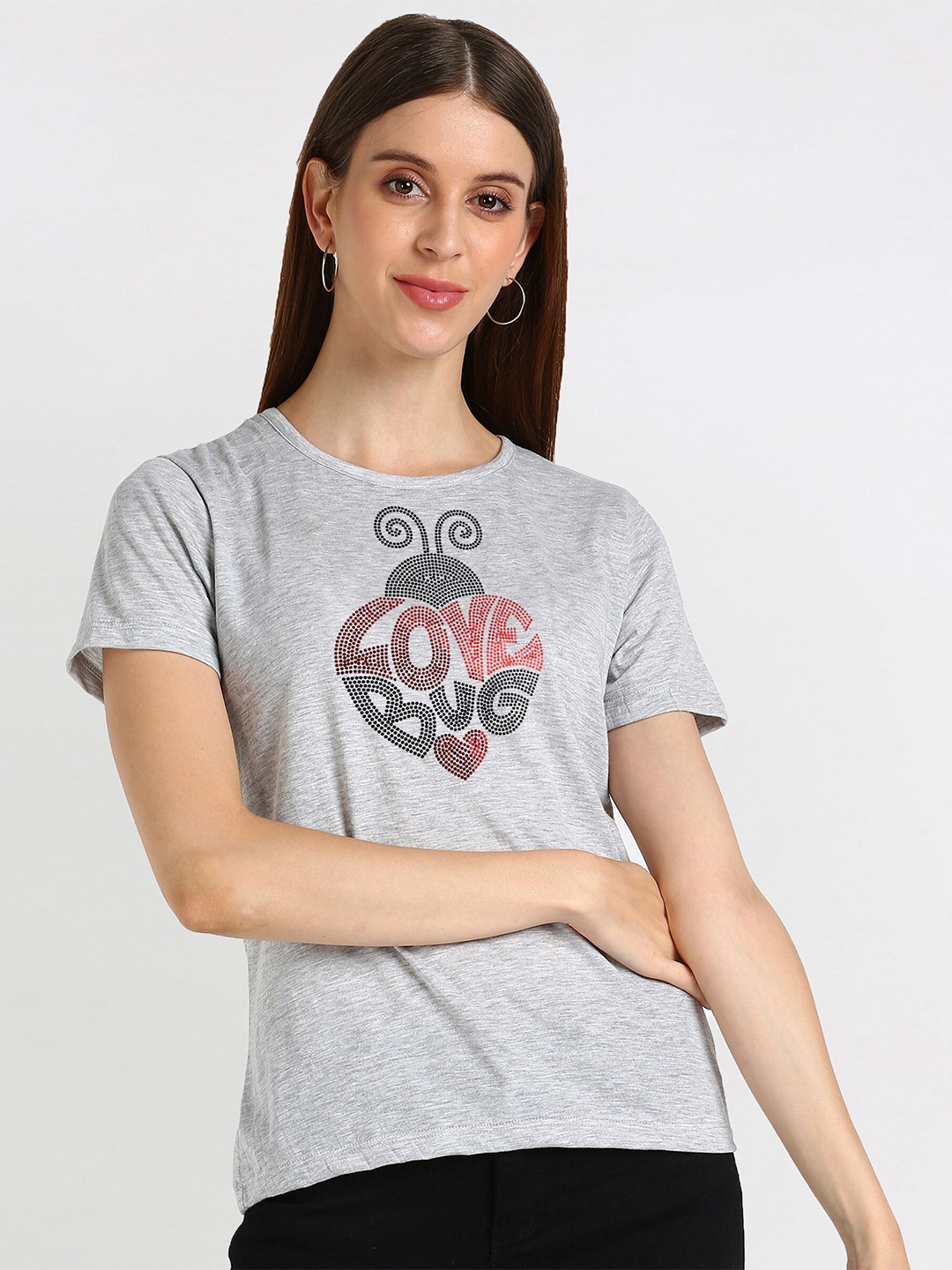 

shashvi Women Grey Printed Drop-Shoulder Sleeves T-shirt