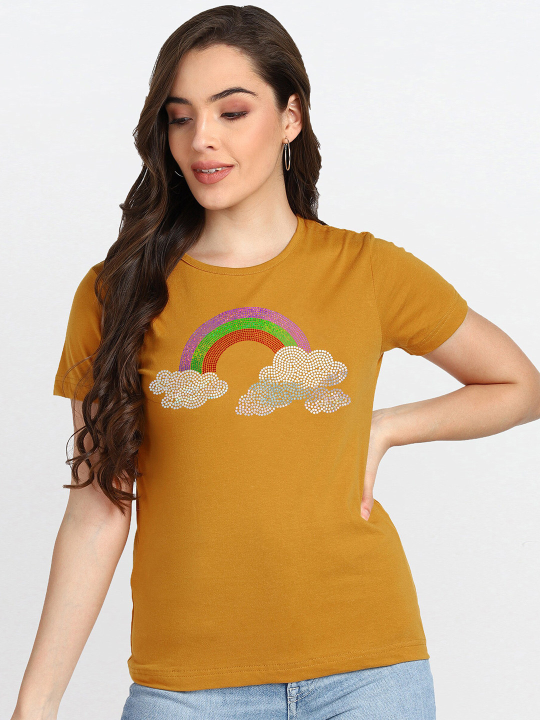 

shashvi Women Mustard Yellow Printed Cotton T-shirt